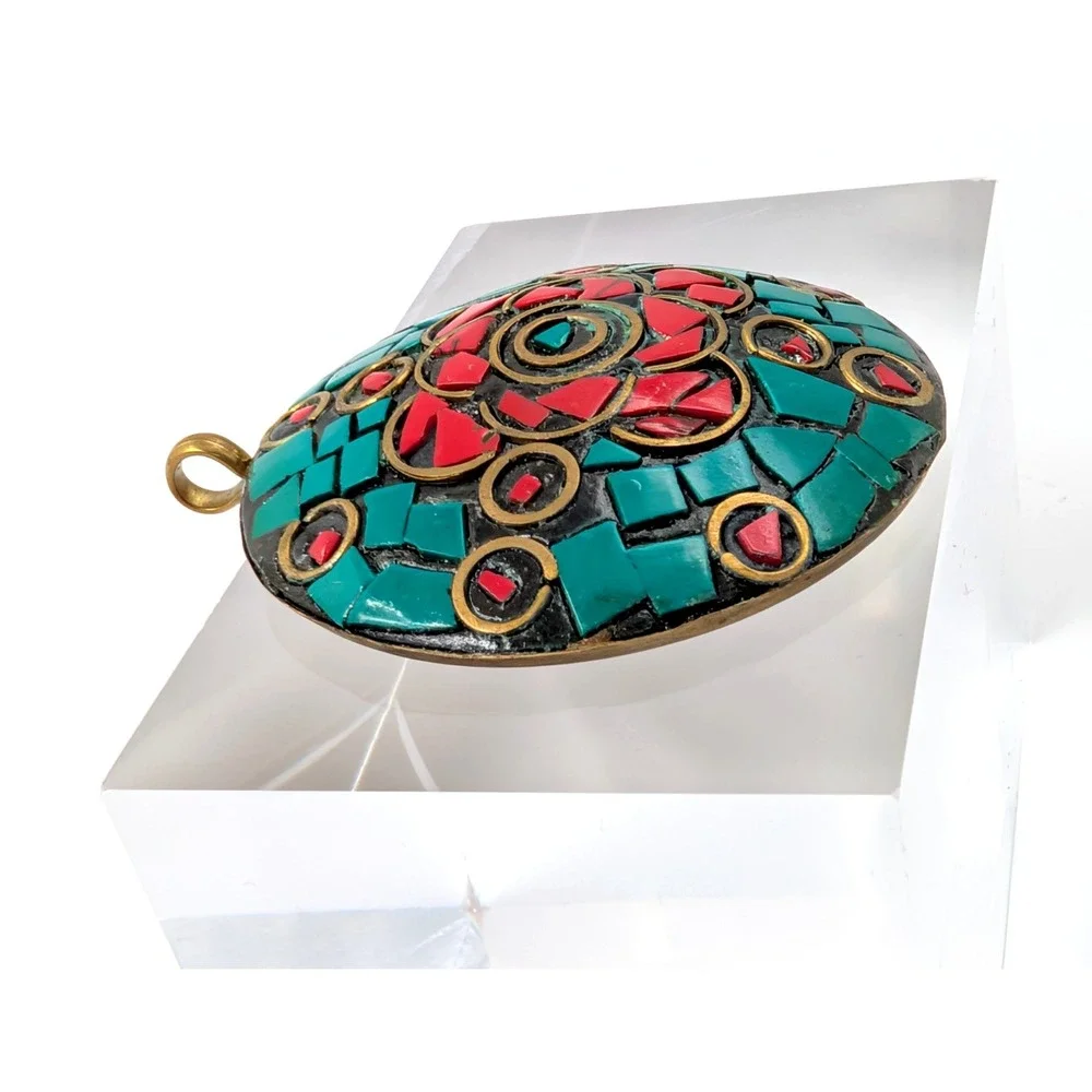 Vintage‎ Tibetan Dome Medallion Pendant Brass Red Blue Inlay Mosaic Statement
